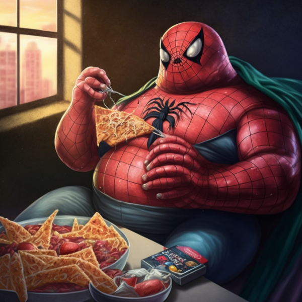
                С большой пиццей — приходит большая ответственность. ИИ превратил супергероев в жирдяев
            