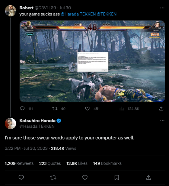 
                Эксцентричный геймдиректор Tekken 8 одной фразой унизил в «Твиттере» игрока, раскритиковавшего техническое состояние игры
            