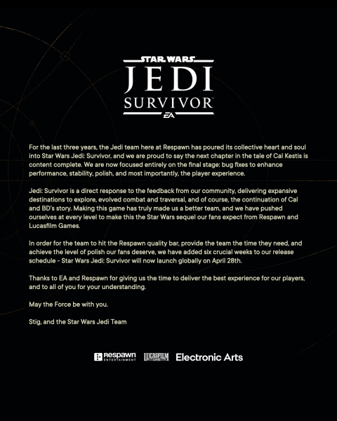 
                Star Wars Jedi: Survivor перенесли на шесть «решающих» недель
            