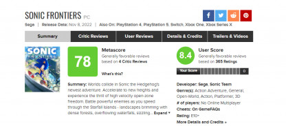 Пользовательский рейтинг Sonic Frontiers на Metacritic оказался выше Elden Ring